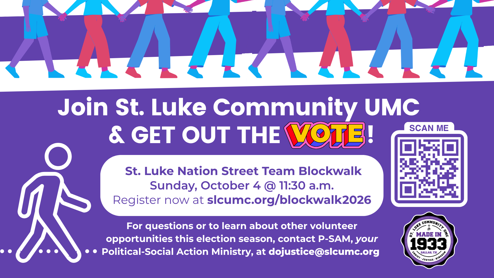 St. Luke Nation Street Team Blockwalk, Sunday, October 4 at 11:30 a.m. Register at slcumc.org/blockwalk2026. Contact dojustice@slcumc.org for volunteer opportunities.
